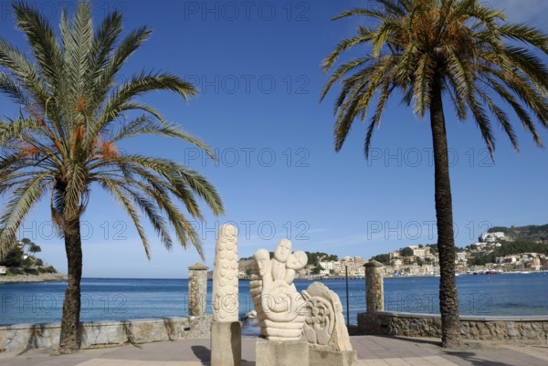 Sculptures on the beach promenade in Port de Soller, Majorca, Spain, Europe