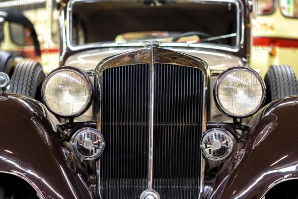 Details of a classic car in a museum