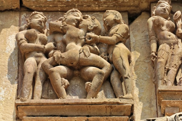Khajuraho, UNESCO World Heritage Site, Madhya Pradesh, India, Asia, Erotic scenes carved in stone, part of an ornamental temple architecture, Rajasthan, North India, Asia