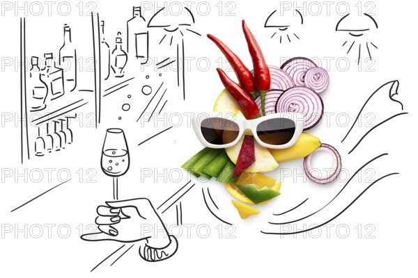 Quirky food concept of cubist style female face with sunglasses in a bar of fruit and vegetables, sketchy background