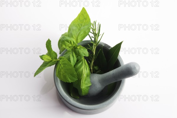 Mortar with herbs isolated on a white background
