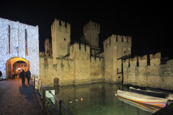 Scaligero Castle, Castello Scaligero by night, Sirmione, Lombardy Region, Province of Brescia, Lake Garda