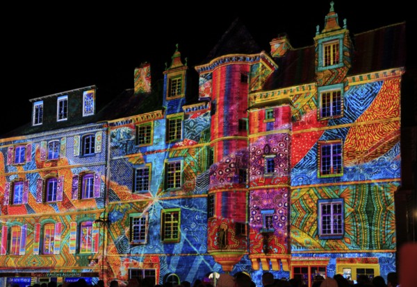 Projections on the façade of the Maison de la Duchesse Anne, light show at the turn of the year in the old town centre of Landerneau, Finistere Penn-ar-Bed department, Bretagne Breizh region, France, Europe