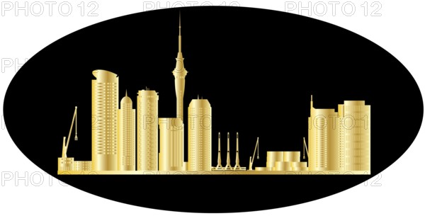 Illustration of the skyline of auckland city with industrial cranes and tower and architecture in gold color with black background