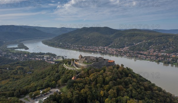 Visegrad, Hungary, 6 October, 2022: landscape view of the Danube Bend in Visegrad with the historic Visegrad Castle on the hilltop, Europe
