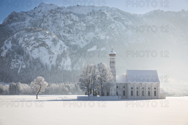 St. Coloman with trees in wintery landscape, Alps, Germany, Europe