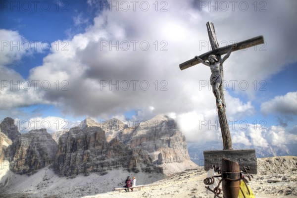 Dolomites, detail of the crucifix of the Tofane mountain group, a UNESCO World Heritage Site in Italy