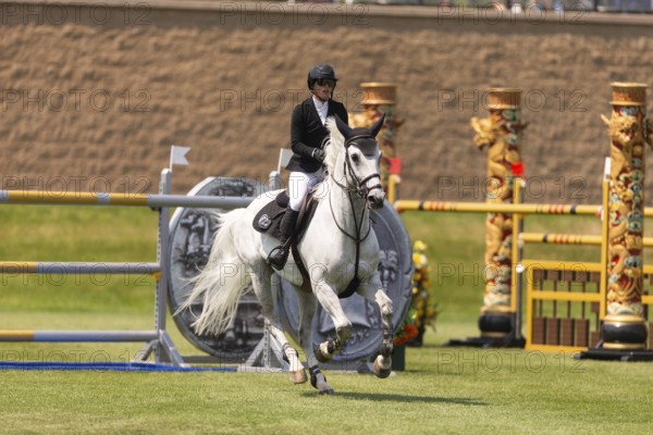 Carly Campbell-Cooper of Canada and riding Baretino, compete in the 1.60m Grand Prix during The Continental international competition at Spruce Meadows, in Calgary, Canada, North America