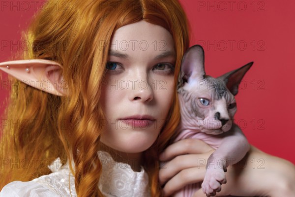 Close-up view of serious young woman cosplay elf with curly red hair. Elf in summer white dress hugging Sphinx kitten and looking at camera intently with eyes of different colors. Dark red background