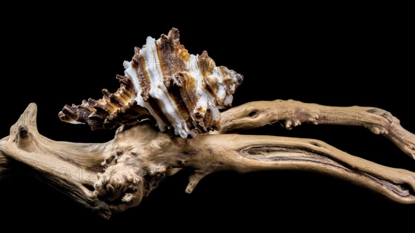 Close-up of an Endive Murex snail shell, Muricidae family, resting on rugged driftwood, highlighting its spiny texture and striped pattern against a black background, Ukraine, Europe