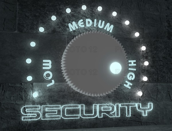 Balance adjust between low and high security. regulator with neon shine scale. 3D rendering