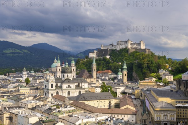 Summer view of the historic centre of Salzburg with Hohensalzburg Fortress and cloudy sky, Salzburg, Salzburger Land, Austria, Europe
