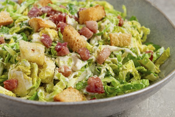 Brussels sprouts Caesar salad, with bacon and croutons, healthy food, homemade, no people