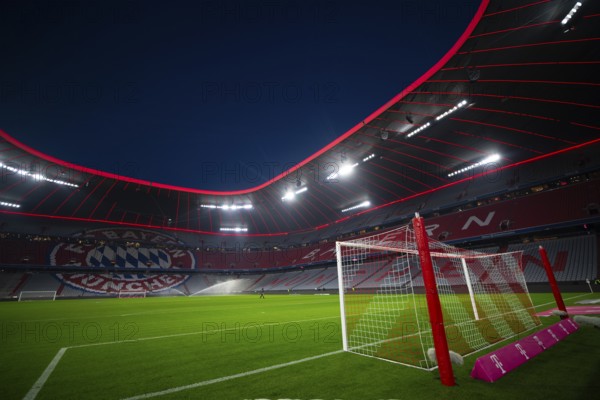 Tor tor, goal net, stadium, empty, interior, illuminated, blue hour, Allianz Arena, Munich, Bavaria, Germany, Europe