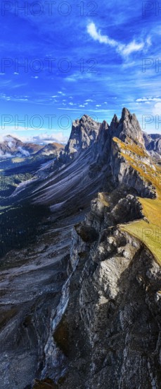 The peaks Sas Rigais and Furchetta of the Geisler group, panoramic photo, drone photo, Val Gardena, Dolomites, Autonomous Province of Bolzano, South Tyrol, Italy, Europe