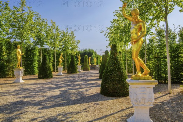 Golden sculptures from the Garden Theatre in the Great Garden, Herrenhausen Gardens, Hanover, Lower Saxony, Germany, Europe