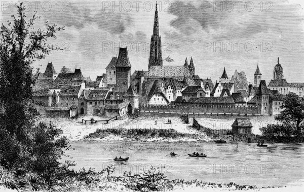 City view across the Danube to Vienna in the 15th century, city wall with battlements and entrance gate, fortified towers, St Stephen's Cathedral, rowing boats, architecture, travel, Austria, historical illustration 1885, Europe