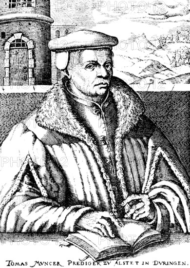 Thomas Müntzer or Münzer (1489-1525) after a woodcut, portrait, in the background depiction of his execution, death by beheading, struggle for a new social order, priest and initially admirer of Luther, historical illustration 1883