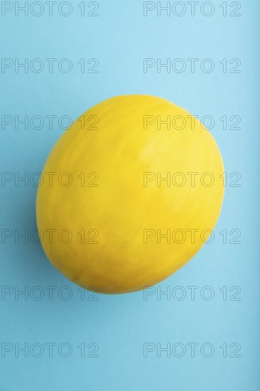 Ripe yellow melon on blue pastel background. Top view, flat lay, close up. harvest, healthy, vegan food, concept, minimalism