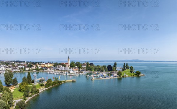 Harbour area, ferry port, yacht harbour, marina of Romanshorn with adventure playground on the bunker meadow, opposite the Seepark, aerial view, Lake Constance, Canton Thurgau, Switzerland, Europe