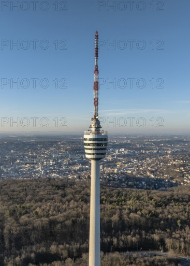 Aerial view of the 216.6 metre high Stuttgart television tower, observation tower, restaurant, radio transmitter, tourist attraction and historical landmark, in operation since 1956. Behind it the state capital Stuttgart, Degerloch, Baden-Württemberg, Germany, Europe