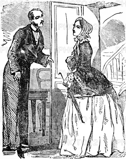 Young woman demands to see the master of the house, servant opens the door with a critical look, furniture, umbrella, hat, long skirt, jacket, staircase, interior, satire, historical illustration 1858