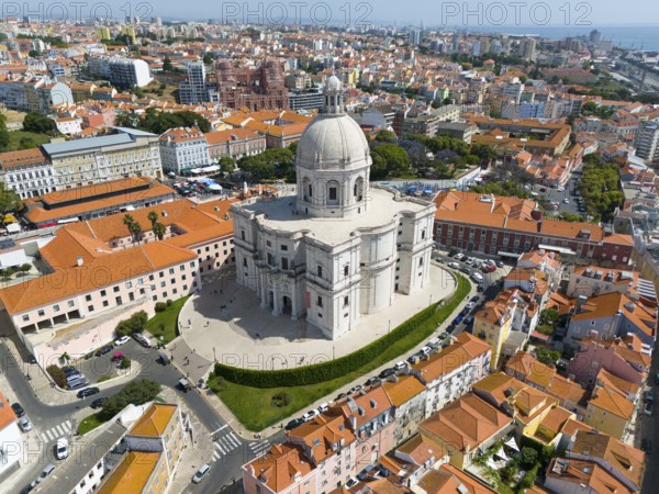 City view from above with central dominated dome-shaped structure surrounded by dense buildings, buildings, a bridge and green trees, aerial view, Igreja de Santa Engrácia, Panteão Nacional, Santa Engracia, National Pantheon, Lisbon, Lisboa, Portugal, Europe