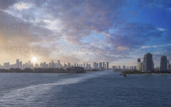 USA, scenic Miami harbor panoramic skyline close to Miami port and Biscayne bay., North America