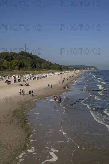 Sandy beach beach with beach chairs and tourists, view from the pier, Heringsdorf, Usedom Island, Baltic Sea, Mecklenburg-Western Pomerania, Germany, Europe