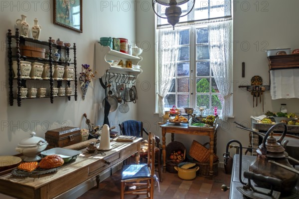 Kitchen inside 18th century clergy house, parsonage, rectory Schriek at recreated village in open air museum Bokrijk, Limburg, Flanders, Belgium, Europe