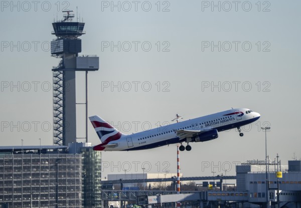 British Airways Airbus A320 aircraft taking off on the main runway south, 05R/23L, Düsseldorf International Airport, German Air Traffic Control Tower, DFS, North Rhine-Westphalia, Germany, Europe