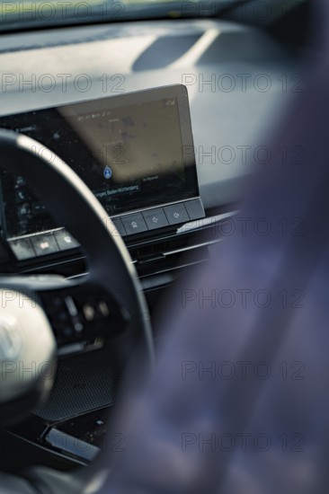 Detailed view of a modern car interior with steering wheel and display on the dashboard, e-car sharing, Deer Mobility, MG4, Calw, Germany, Europe