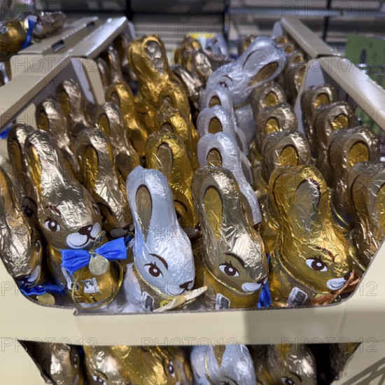 Display on retail shelf of wholesale chocolate Easter bunnies chocolate Easter bunnies wrapped in gold gold silver silver coloured staniol paper, Germany, Europe