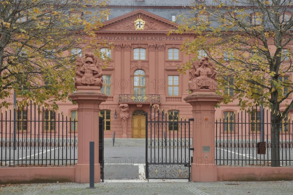Entrance with metal fence to the state parliament, portal, autumn atmosphere, baroque Deutschordenshaus, Deutschhaus, old town, Mainz, Rhine-Hesse region, Rhineland-Palatinate, Germany, Europe