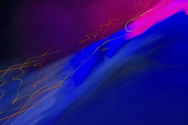 Abstract picture with neon-coloured light stripes in blue and pink on a dark background, art