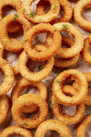 Deep fried onion rings, appetizer, close-up, top view, full frame, no people, favorite dish