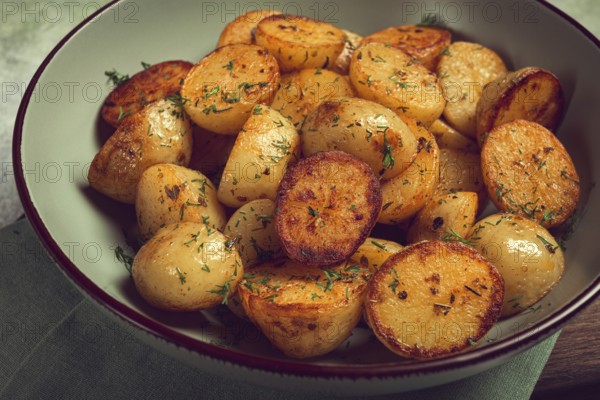 Baked new potatoes, with butter and dill, homemade, no people