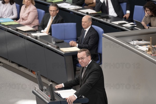 Berlin, Germany - 18 March 2025: Defence Minister Boris Pistorius speaks in the Bundestag in front of the vote on reforming the debt brake to allow hundreds of billions of euros to be borrowed for defence, infrastructure and climate protection, which requires an amendment to the Basic Law with a two-thirds majority of MPs. The SPD and CDU/CSU had introduced the bill to amend the Basic Law in special sessions in the old Bundestag and put it to the vote due to different majorities in the new Bundestag, which will be constituted next week