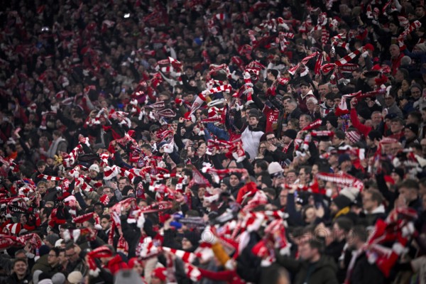 Fan block, fans, fan curve, flags, flags, atmosphere, atmospheric scarves FC Bayern Munich FCB UEFA Champions League Allianz Arena, Munich, Bavaria, Germany, Europe