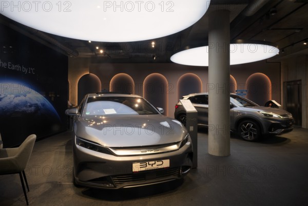 View through shop window to showroom, sales exhibition of the car brand BYD Build Your Dreams, e-vehicles, electric vehicles, Stuttgart, Baden-Württemberg, Germany, Europe
