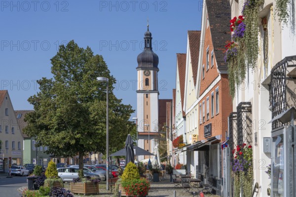 Historic old town houses behind the Church of the Assumption of the Virgin Mary, Allersberg, Middle Franconia, Bavaria, Germany, Europe