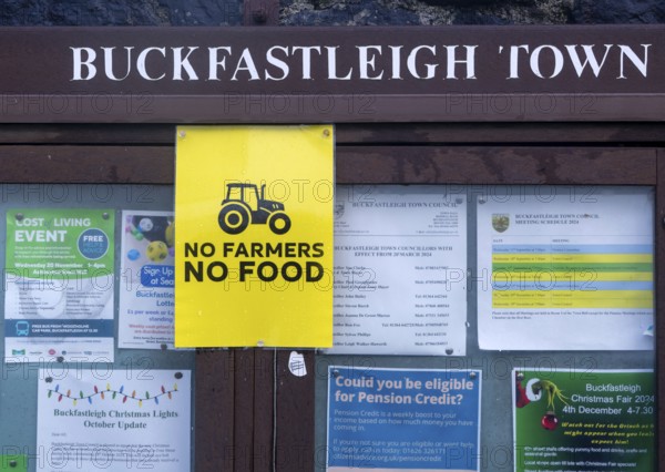 No Farmers No Food protest poster about inheritance tax on farms, Buckfastleigh, north Devon, England, UK