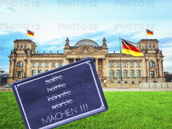 Symbolic image, Bundestag, new government 2025, make sign with request, world crisis, wars, autocracies, democracy in danger, urgently needed reforms, planning for the future, no politician haggling, hope, partnership USA in danger, Russia threat, Nato, cohesion, humanity