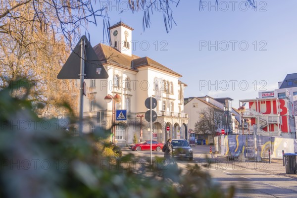 Historic town hall in the old town centre, surrounded by street signs and building fences in sunny weather, Sindelfingen, Böblingen district, Germany, Europe