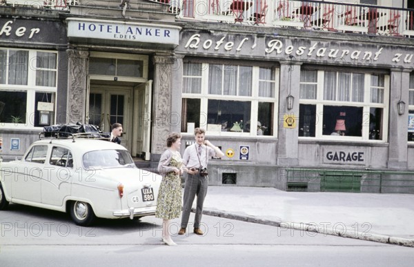 Hotel Anker, Andernach, Mayen Koblenz, Rhineland Palatinate, Germany, Europe 1961 Austin Cambridge A55 car with British GB licence plates, Europe