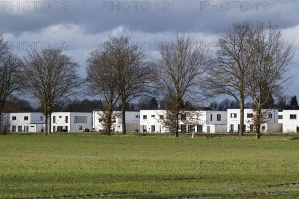 New housing estate, single-family houses with flat roof, clouds in the sky, Kamen, North Rhine-Westphalia, Germany, Europe