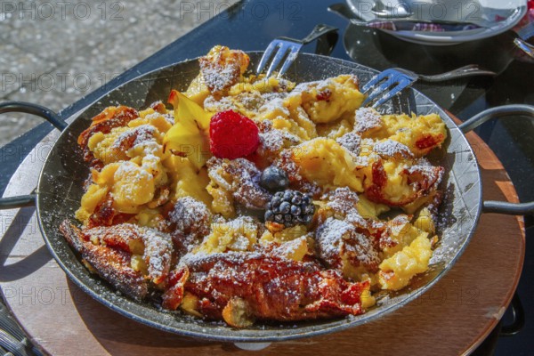 Apfelkaiserschmarrn, Kaiserschmarrn, speciality at the Blaue Gams restaurant, Ettal, Ammergau Alps nature park Park, Upper Bavaria, Bavaria, Germany, Europe