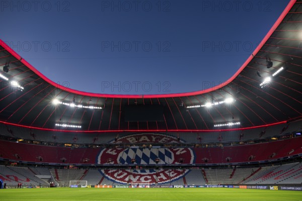 Evening match Allianz Arena, interior, illuminated, logo FC Bayern Munich, blue hour, UEFA Champions League Allianz Arena, Munich, Bavaria, Germany, Europe