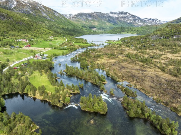 Gaularfjell mountain crossing following river Gaula and chain of lakes, early spring, aerial view, national tourist route north of Balestrand, Norway, Europe
