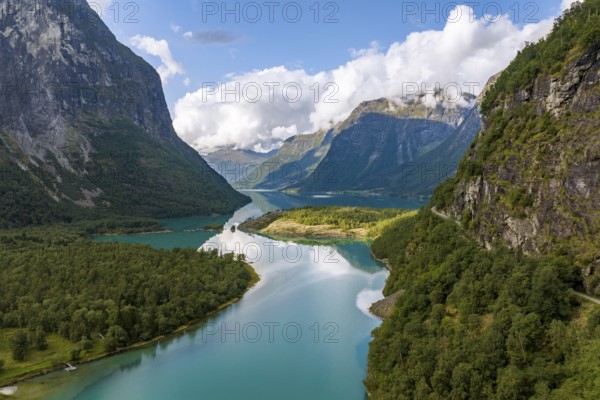 Mountain landscape and lake, Lovatnet, Loen, Norway, Europe